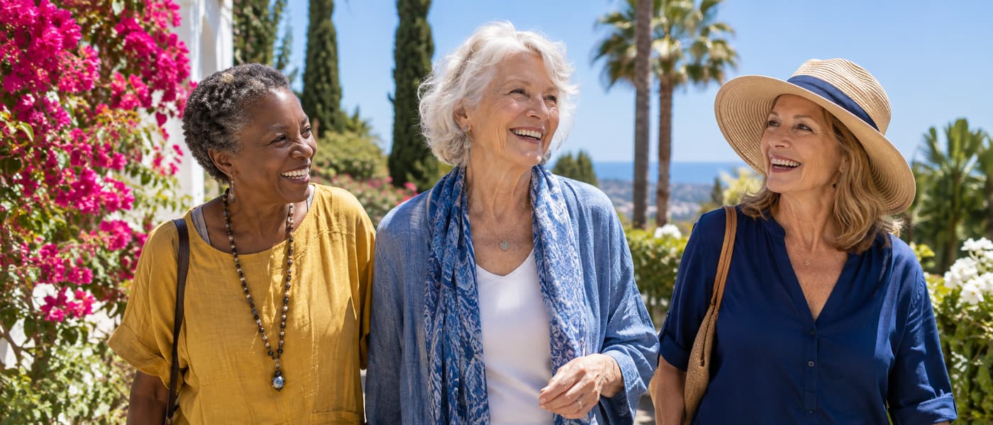 Older neighbors enjoying a sunny Southern California garden