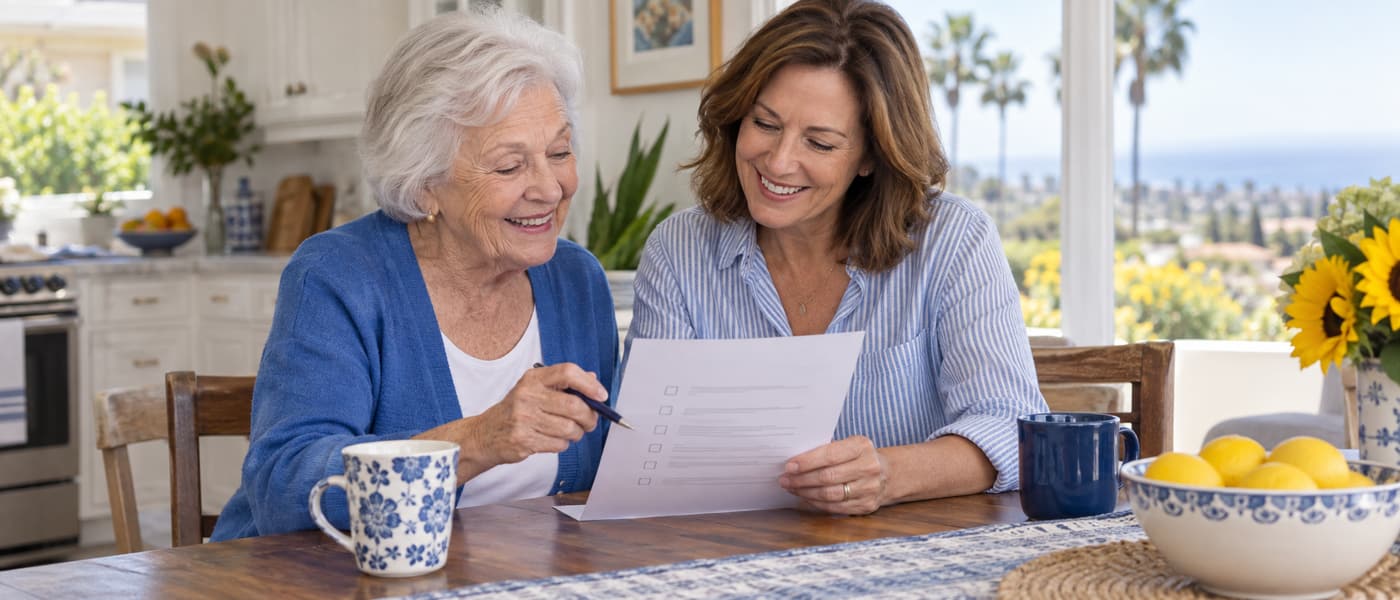 An older woman and her daughter reviewing a household checklist together