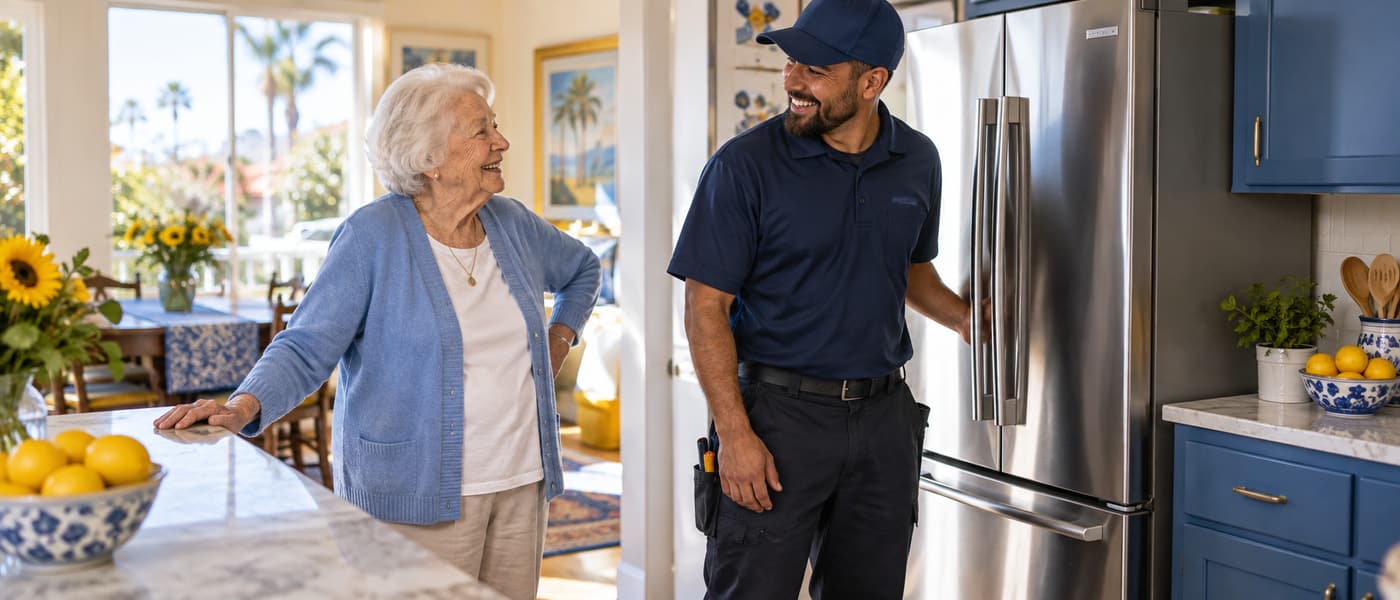 A senior homeowner and service professional celebrating a completed home improvement