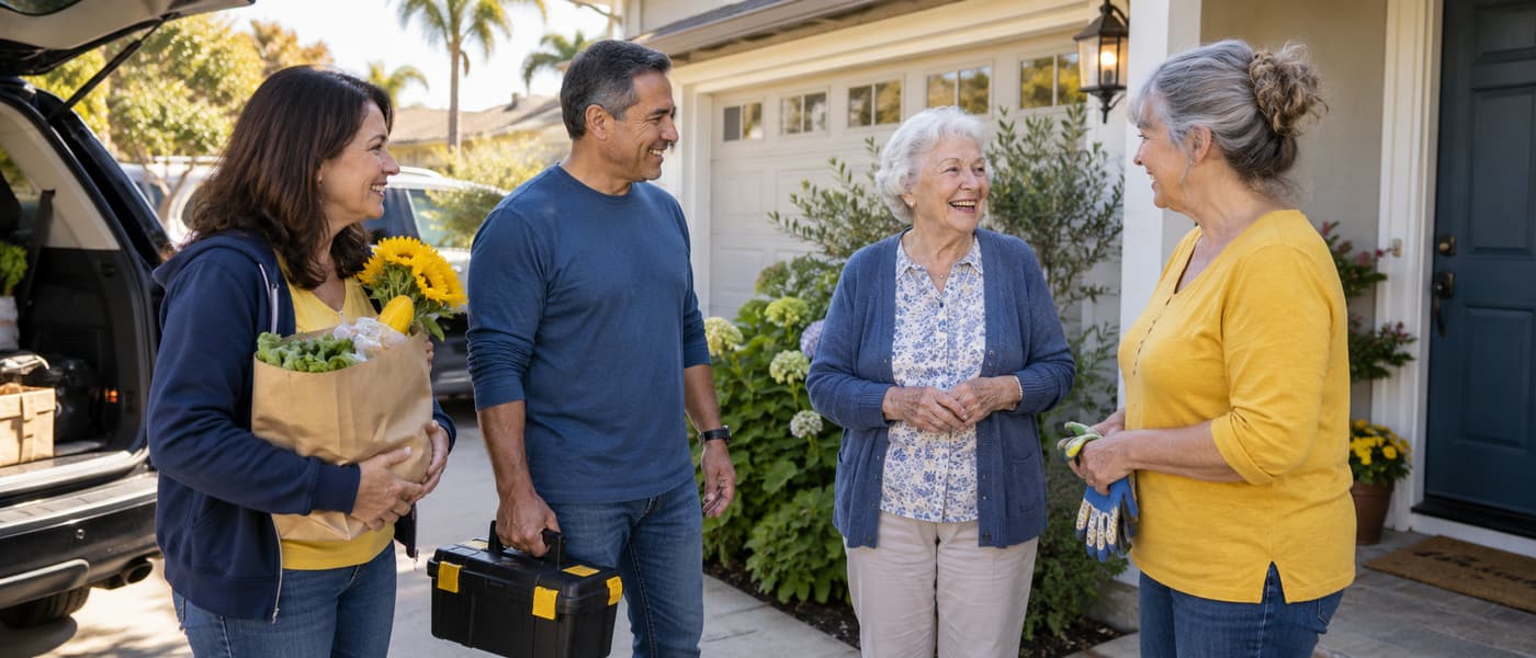 Neighborhood volunteers arriving to help a senior homeowner