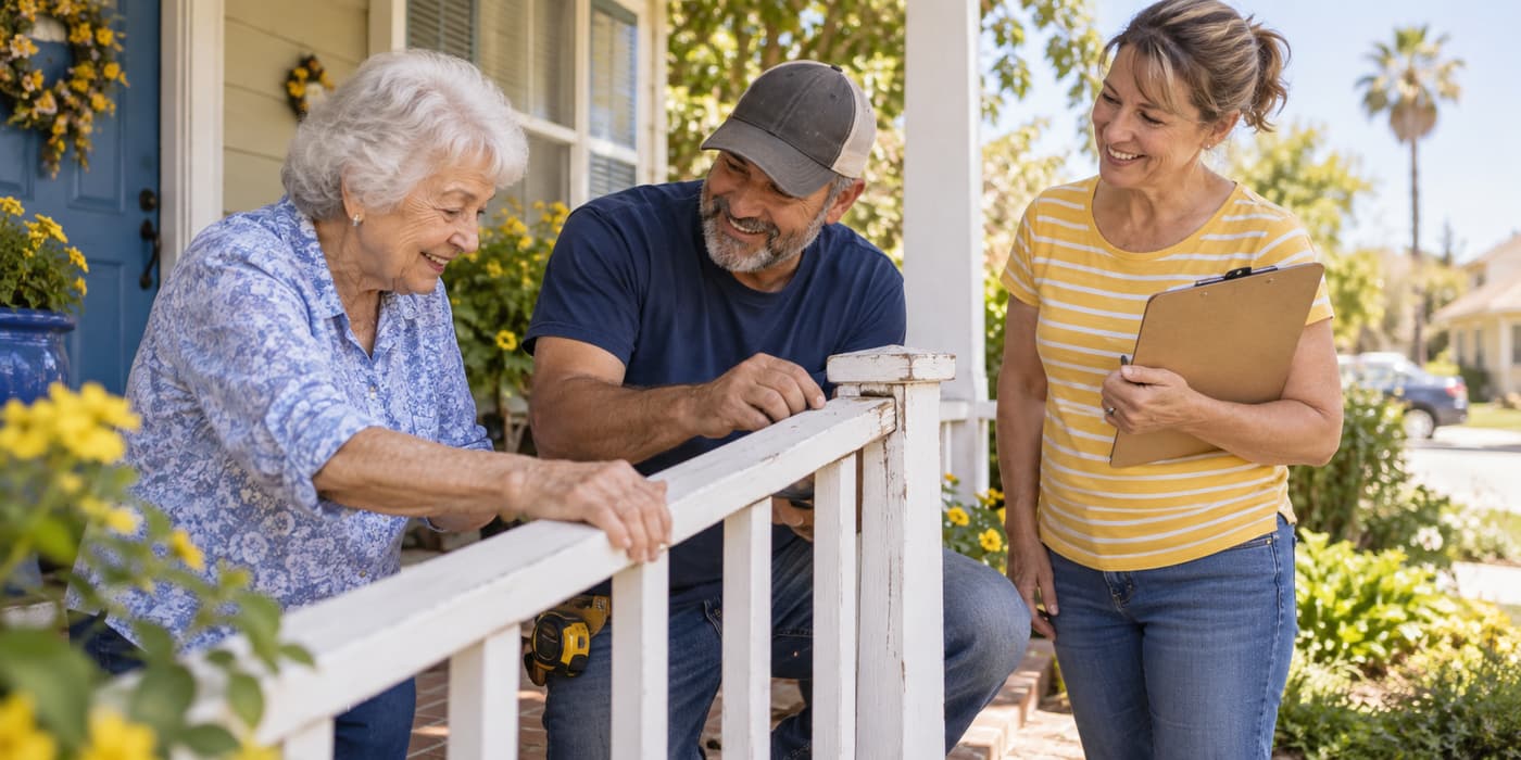 A senior homeowner and local volunteers reviewing a porch repair